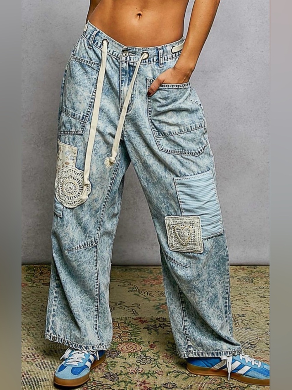 NWOT POL Women’s Light Wash Patchwork Wide-Leg barrel Jeans